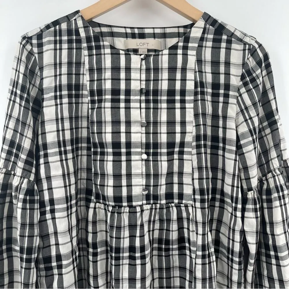 LOFT ANN TAYLOR Top Peplum Plaid Blouson Henley B&W Business Casual Size Small - Image 5