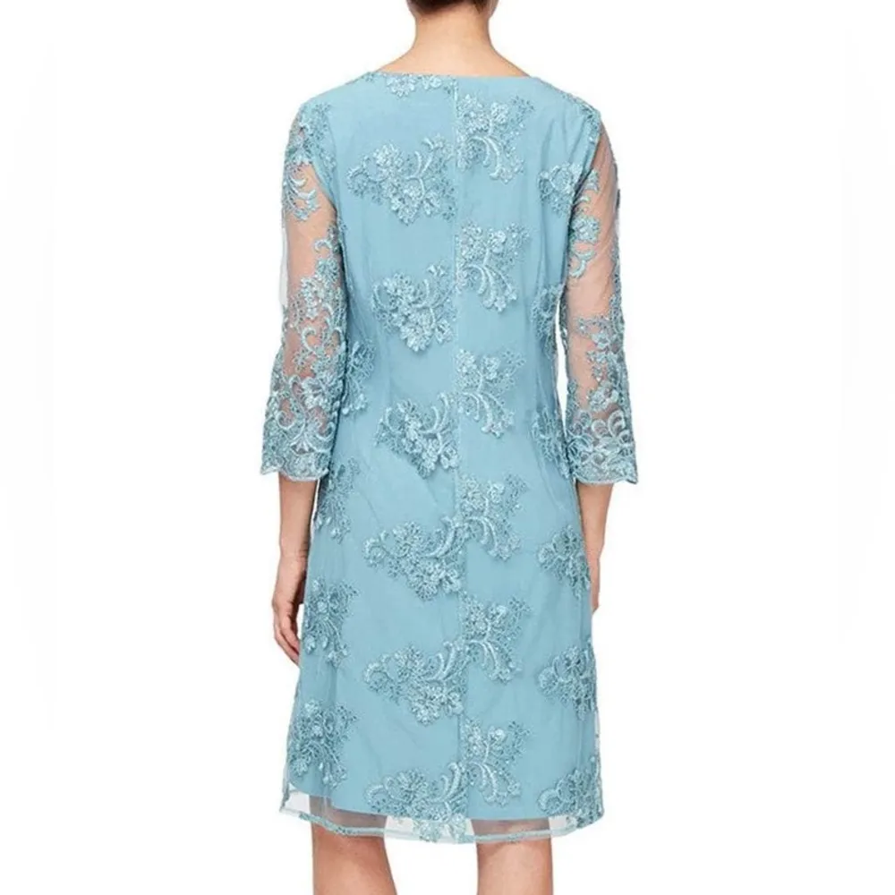 Alex Evenings mesh vintage TEAL lace sleeve Embroidered Mock Jacket Dress - Image 7