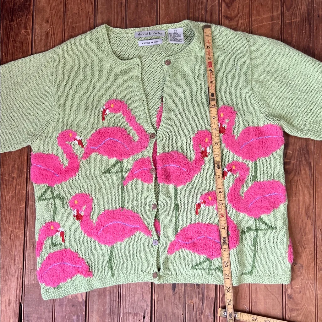 Vintage David Brooks Pink Flamingo green women’s linen cotton Cardigan size L Size L - Image 4