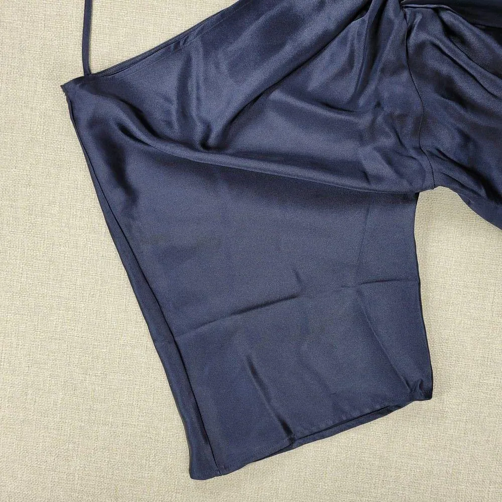 Pleione Womens Blouse S Navy Blue Satin Front Twist V-Neck Kimono 3/4 Sleeve - Image 2