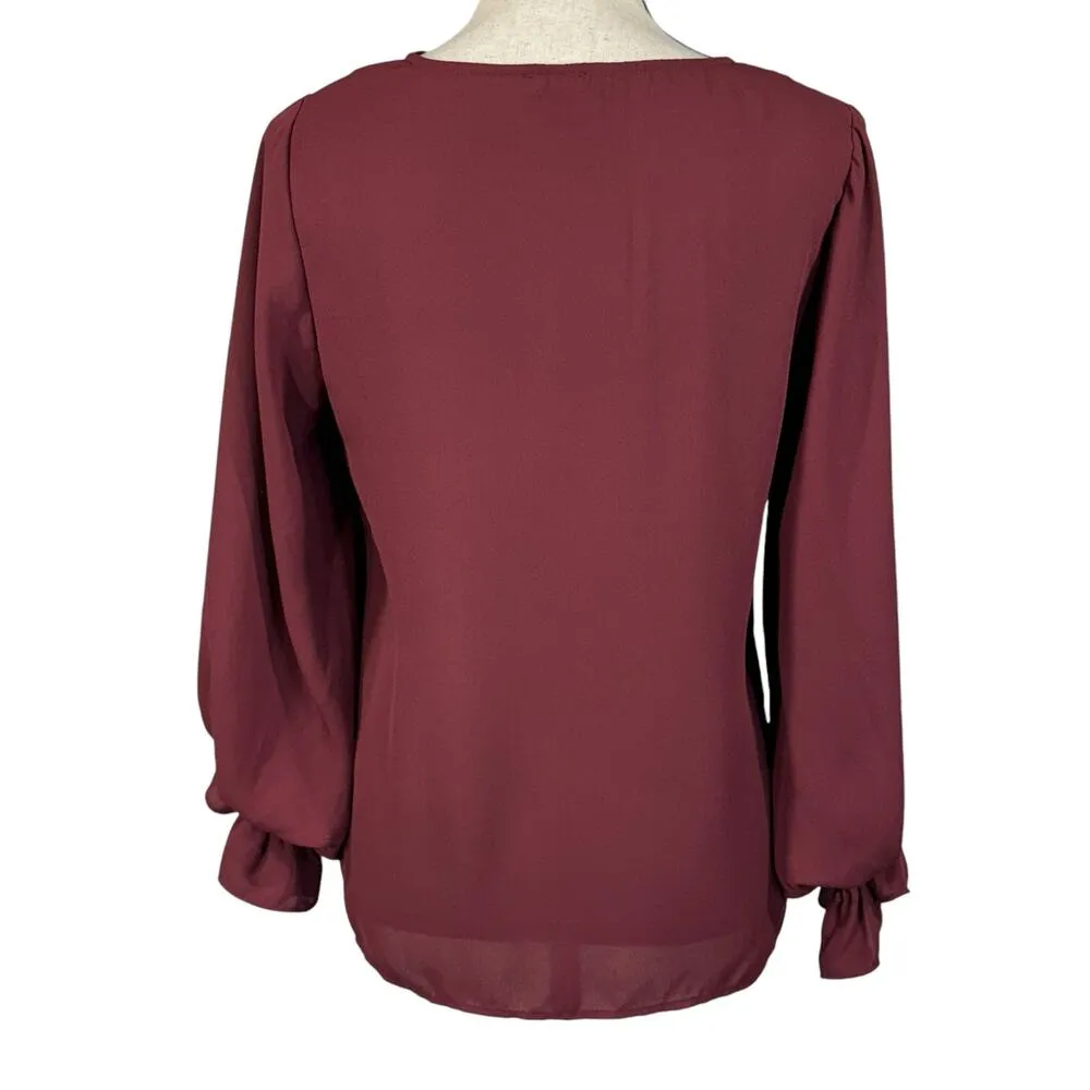 Vince Camuto Small Top Long Balloon Bell Sleeves V-Neck Lightweight Merlot Wine - Image 5