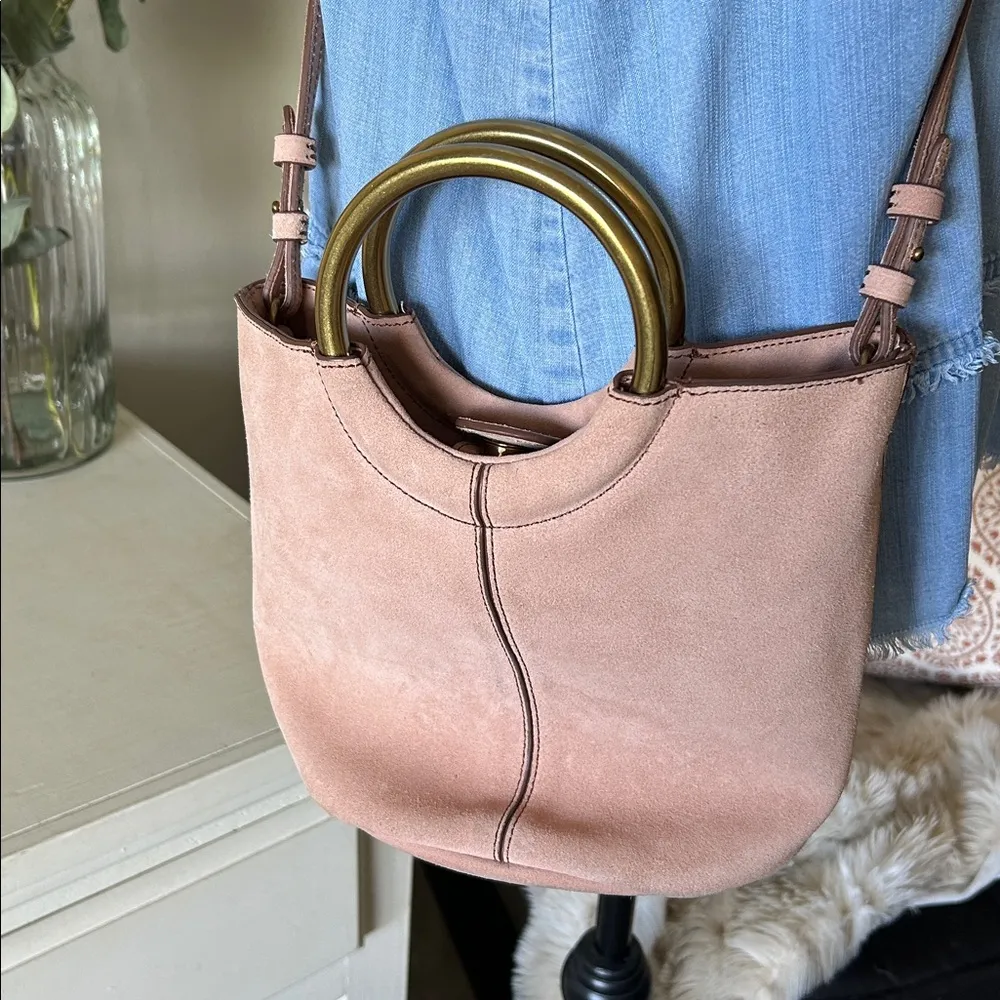 J.Crew baby pink suede 100% leather brass ring small tote bag crossbody​ - Image 3