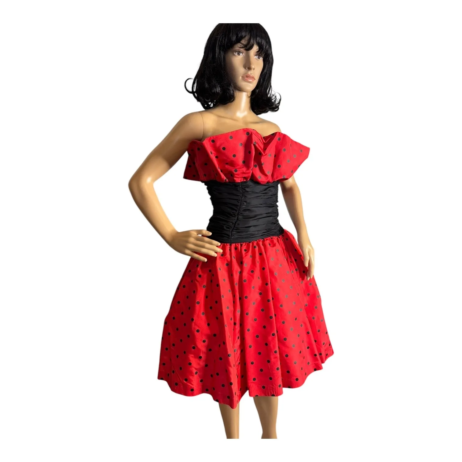 Vintage OOAK 80’s strapless red & black polkadot strapless ruched dress size XS - Image 13