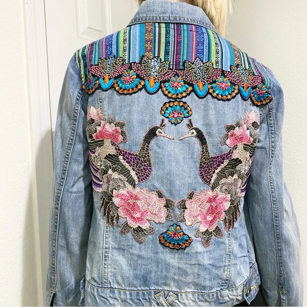 Customized Embroidered Patch Peacock Denim Jean Jacket Size M - Image 4