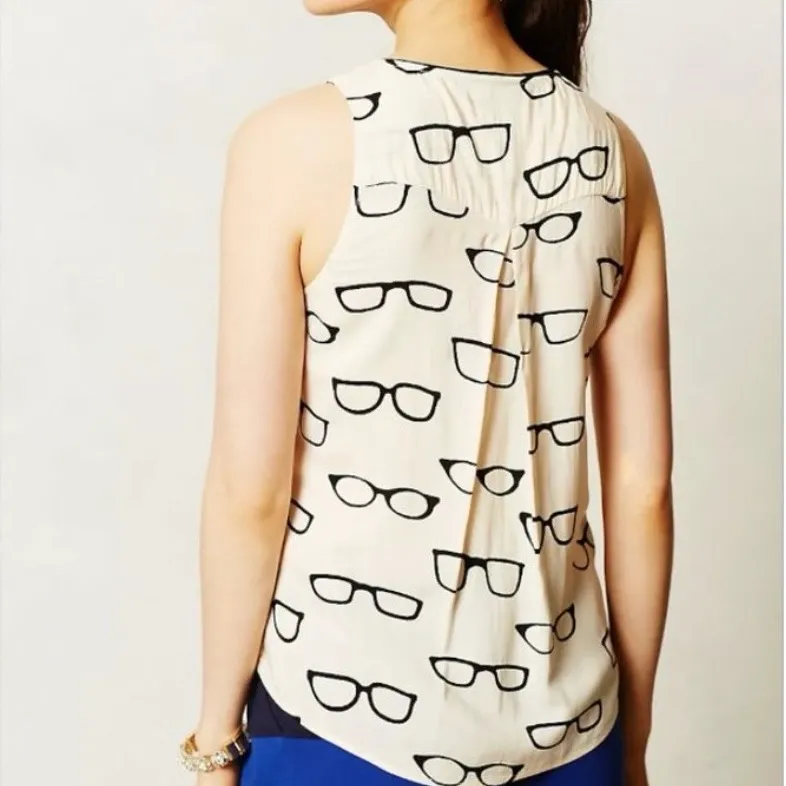 Anthropologie Maeve Novelty Retro Eyeglasses Print Pintuck Top Size 12 - Image 8
