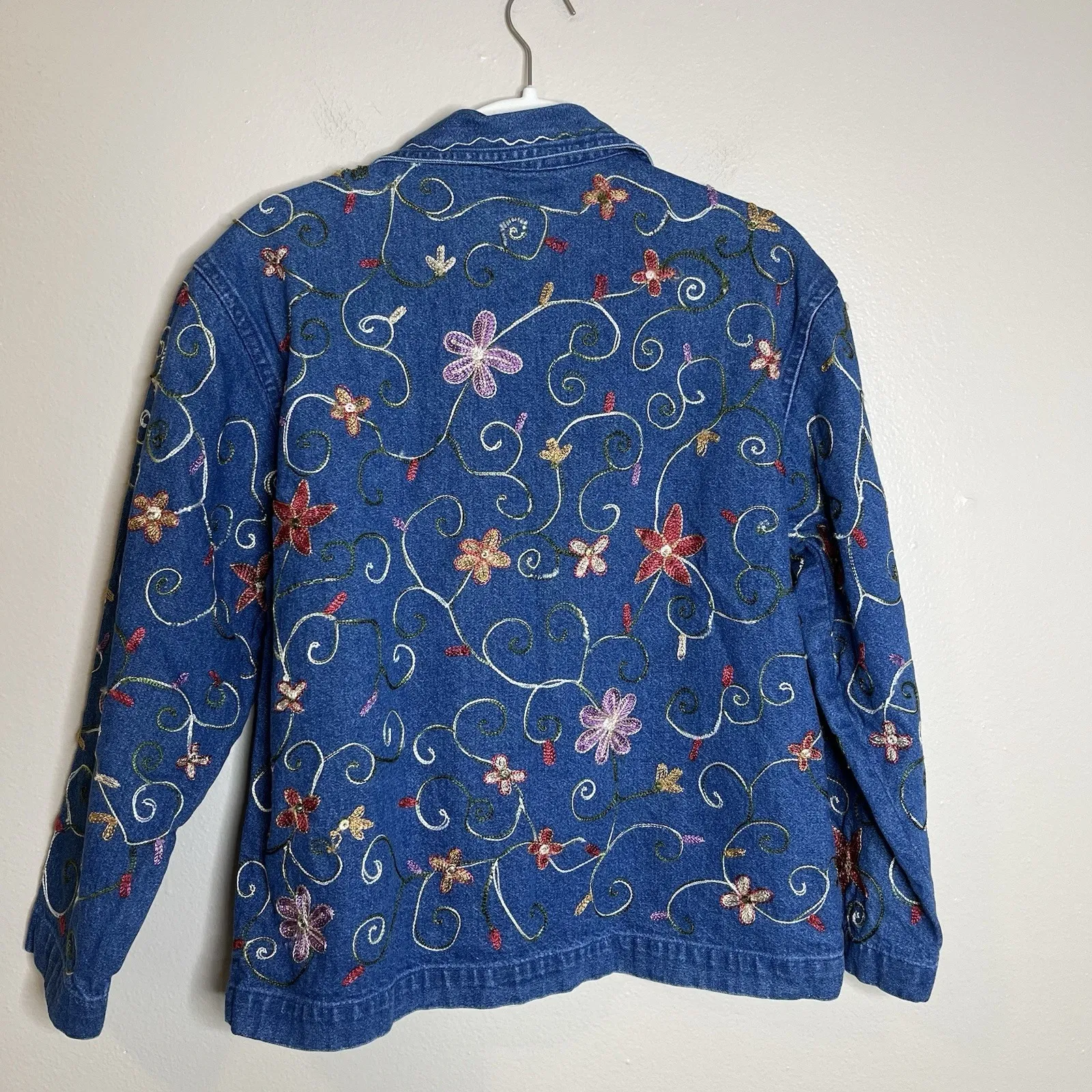 vtg embroidery jacket Denim Floral Boho Maximalist Lagenlook Indie M Festival Blue Size M - Image 6