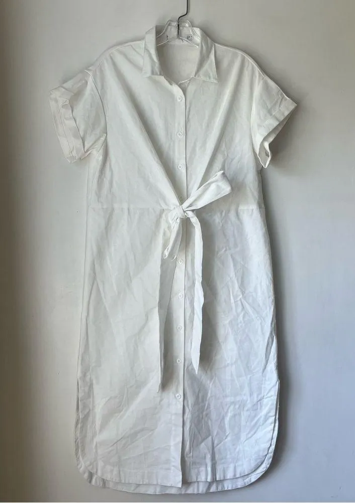 Princess Polly Petal & Pup Allison White Linen Button Front Tie Waist Midi Shirt Dress 4 - Image 6