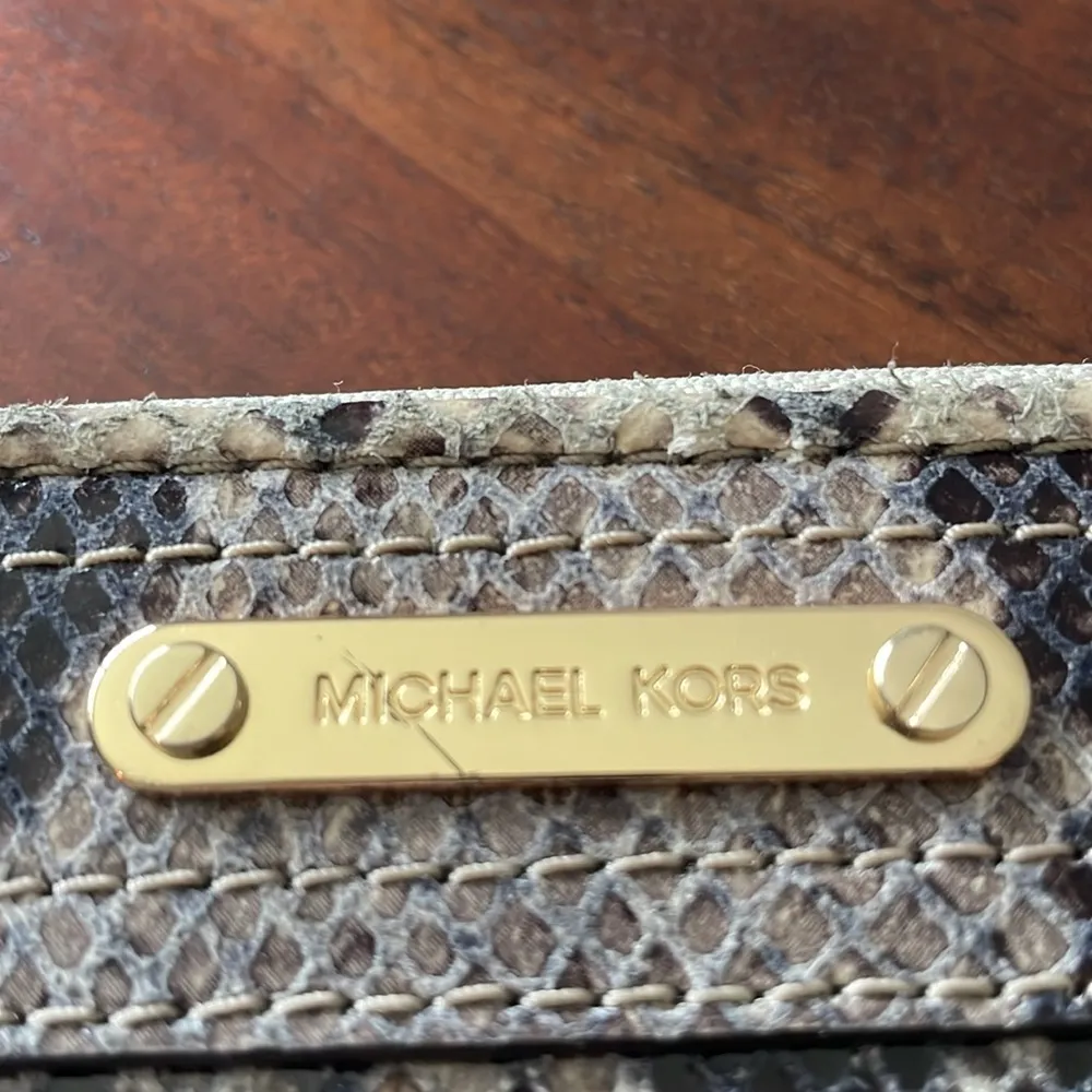 Michael Kors black brown snakeskin embossed logo gold tone zippered wallet - Image 2