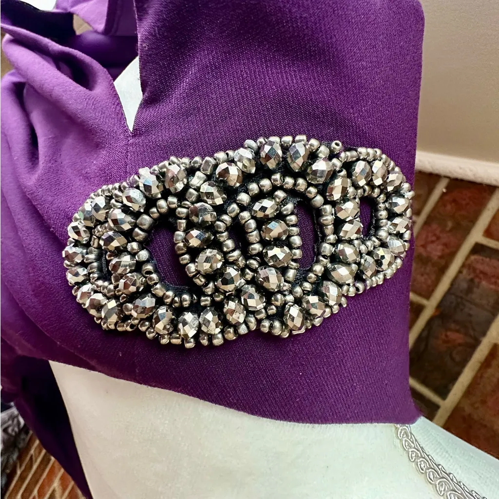 Xscape Purple Midi Dress Peak-a-boo Sleeves Pleated Skirt Beaded Accents Vtg - Image 10