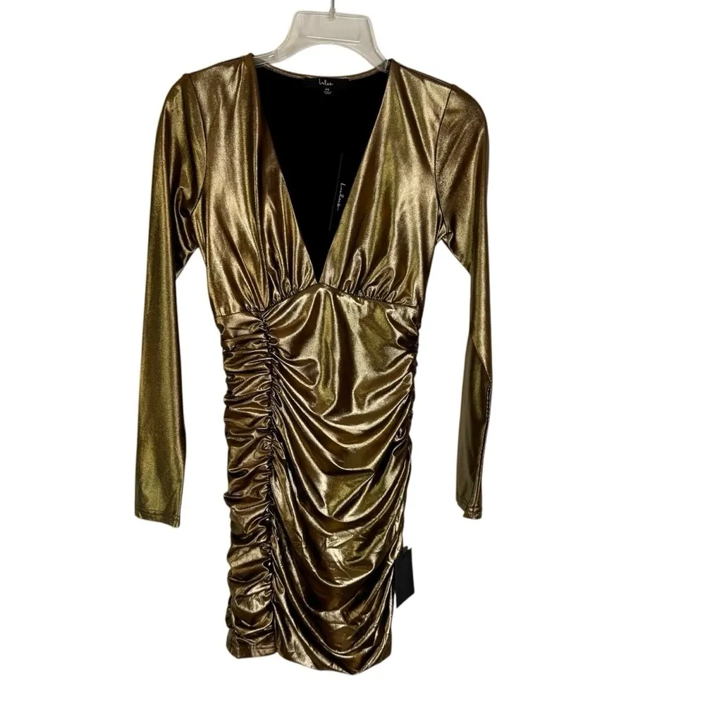 NWT Lulus Fine Figure Gold Metallic Ruched Bodycon Mini Dress Size XS - Image 4