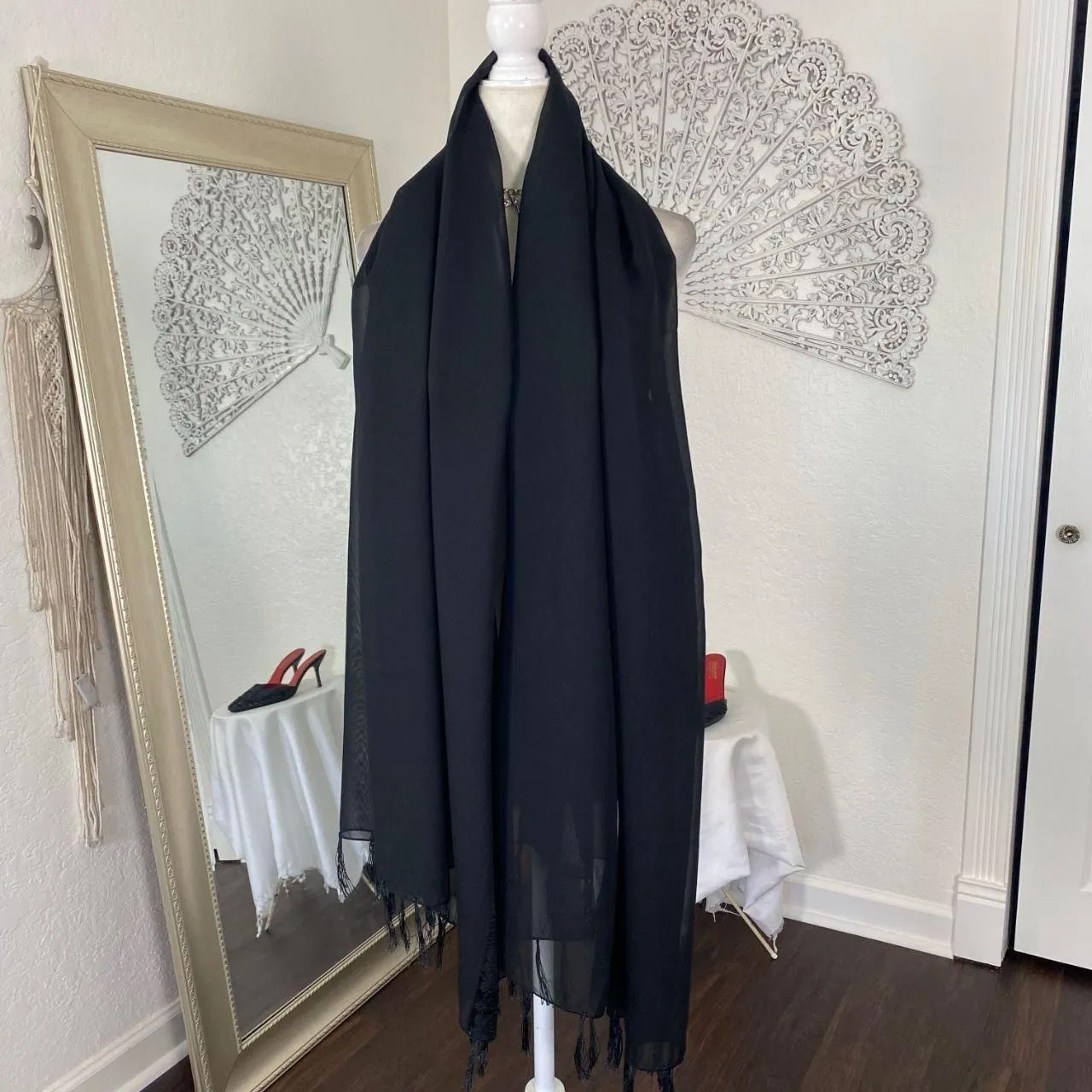 Witchy Whimsygoth Black Mesh Satin Fringe Paisley Scarf / Shawl 42 x 68" Large - Image 2