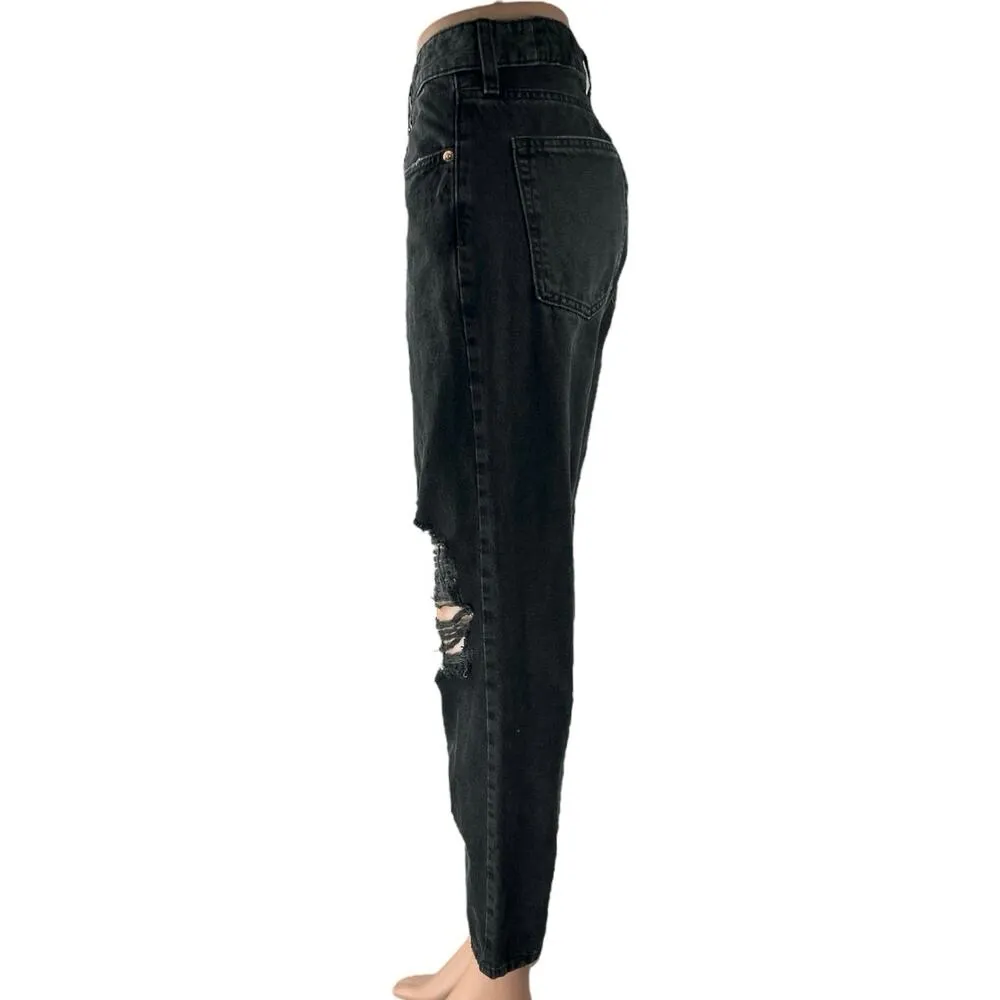 H&M Women's Black Distressed High Rise Boyfriend Tapered Denim Jeans Size 6 - Image 2