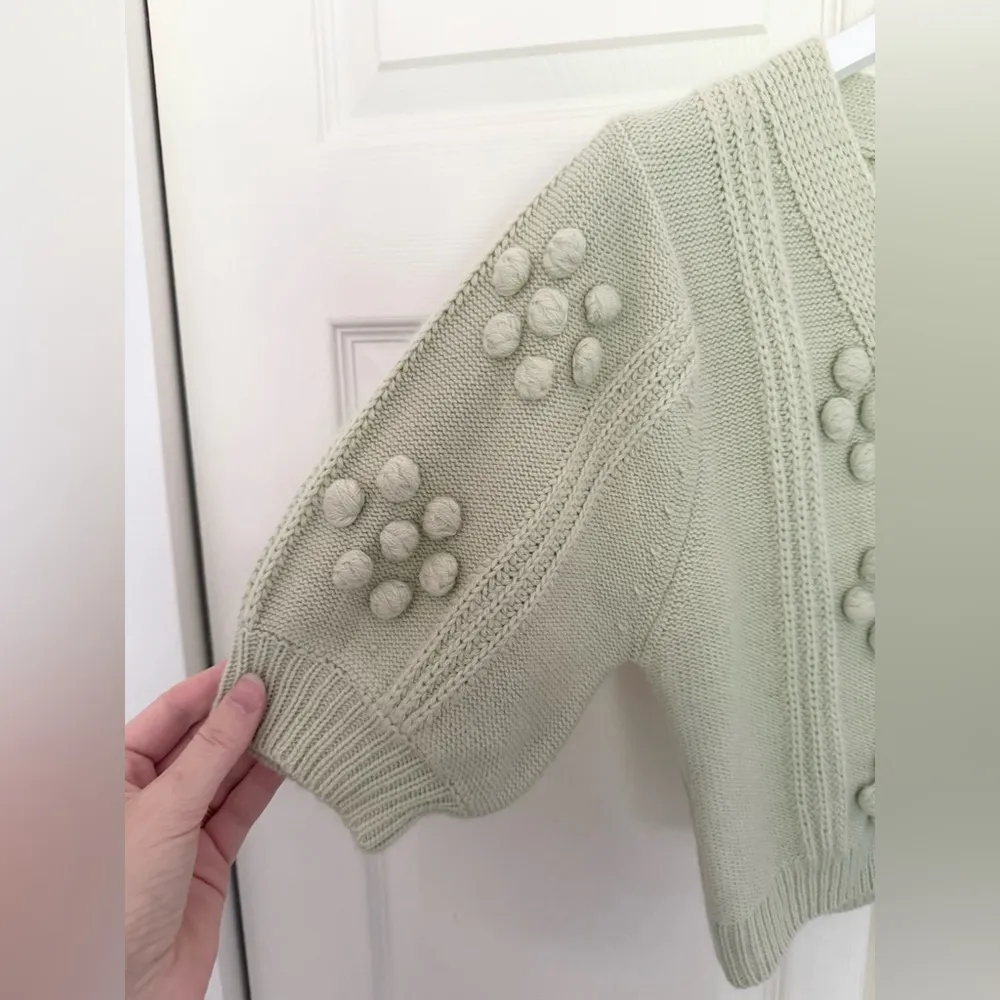 Bohme Light Green Pale Green Pom Pom Crop Cardigan Sweater Size Small - Image 8