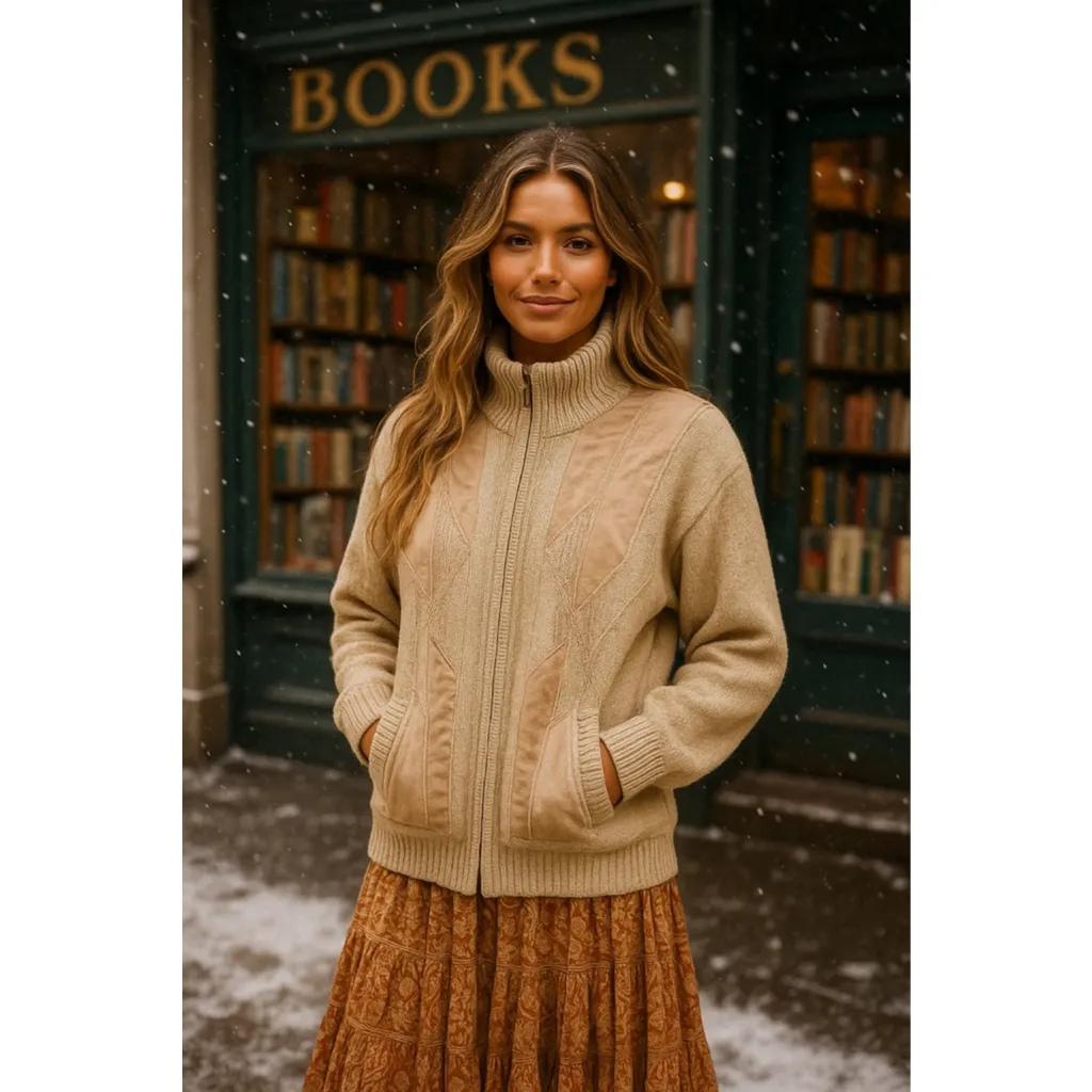 Vintage Visitor Geometric Knit Coat Lined Zip Up Beige Textured Panels XXL Cozy Tan - Image 2