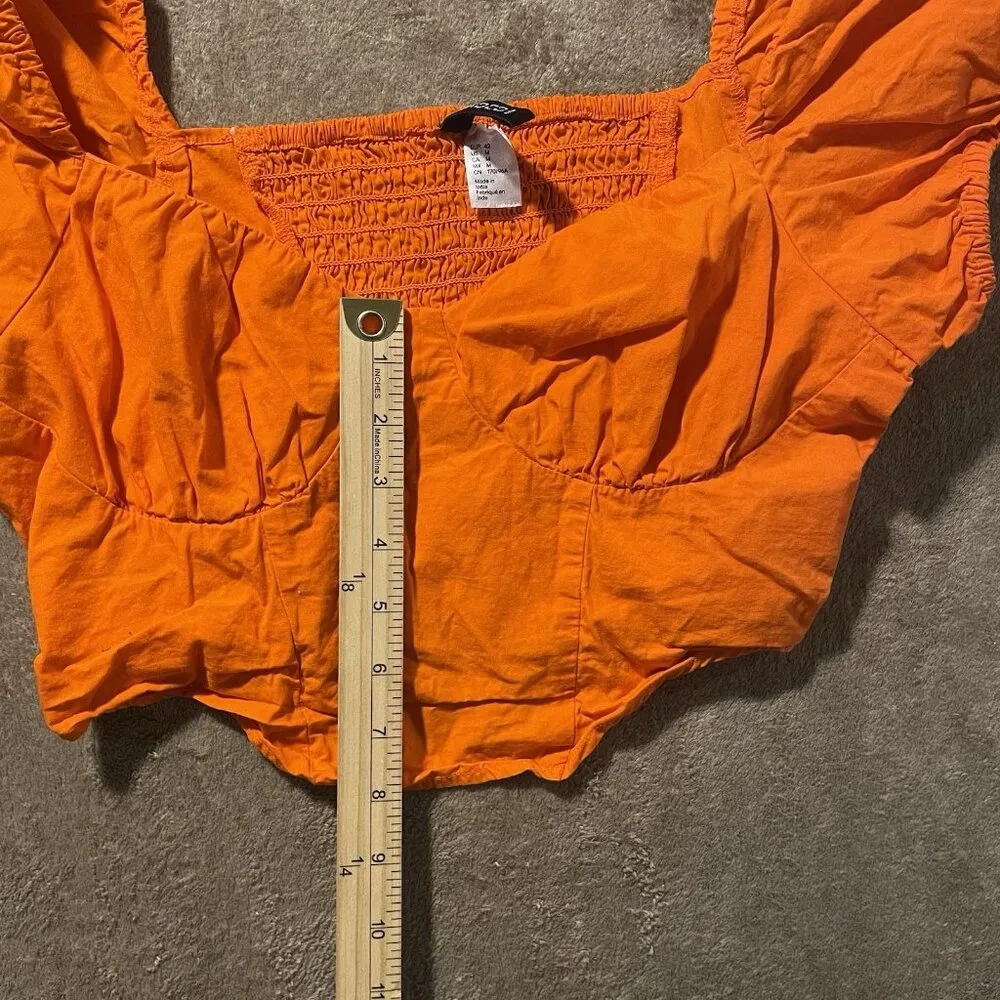 H&M Crop Top Womens Sz Medium Neon Orange Puff Sleeve Smocked Shirt Festival - Image 5