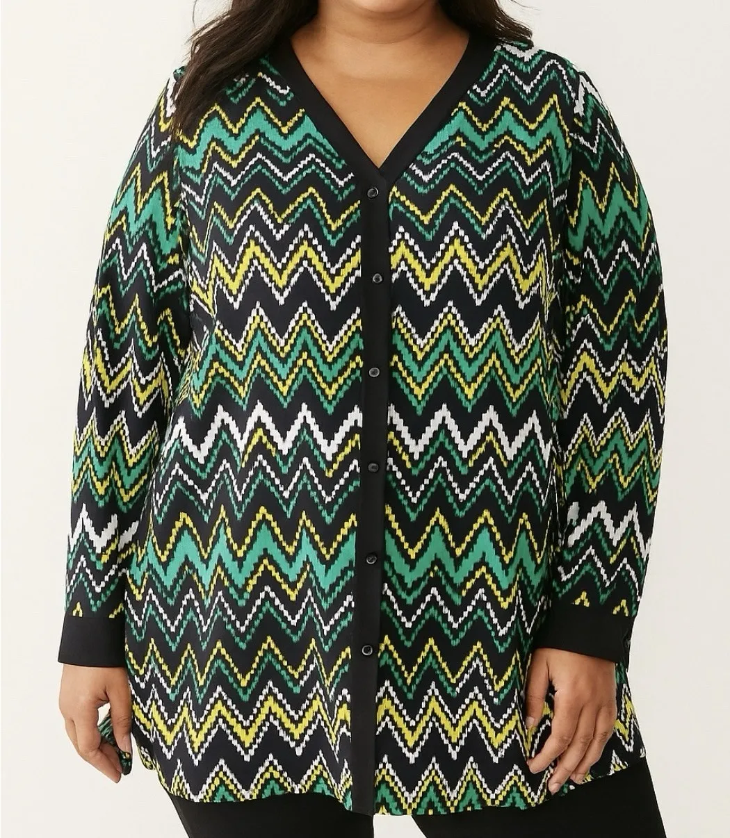 Catherines Green Geometric Chevron Button Up Long Sleeve Y Neck Blouse Size 4X - Image 1
