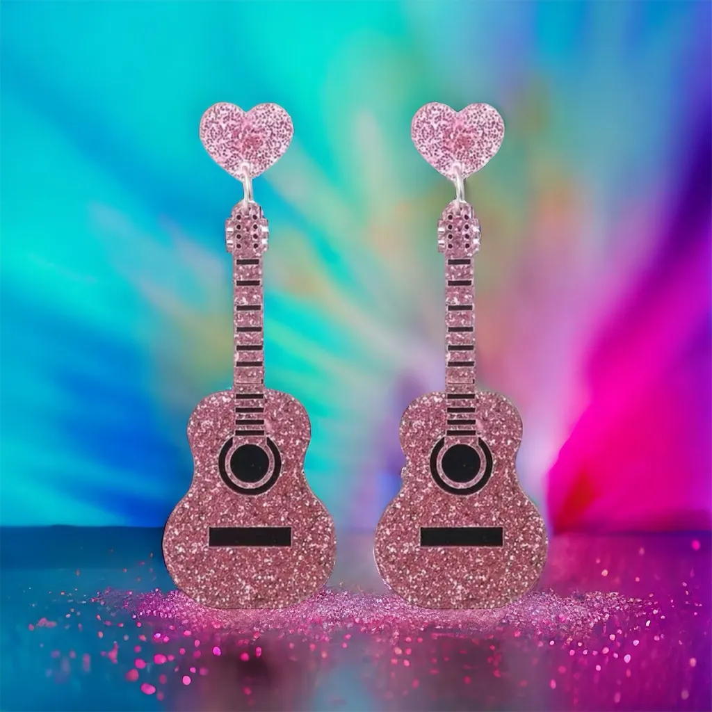 Sparkle with style: Pink guitar glitter acrylic earrings‎ - Image 5