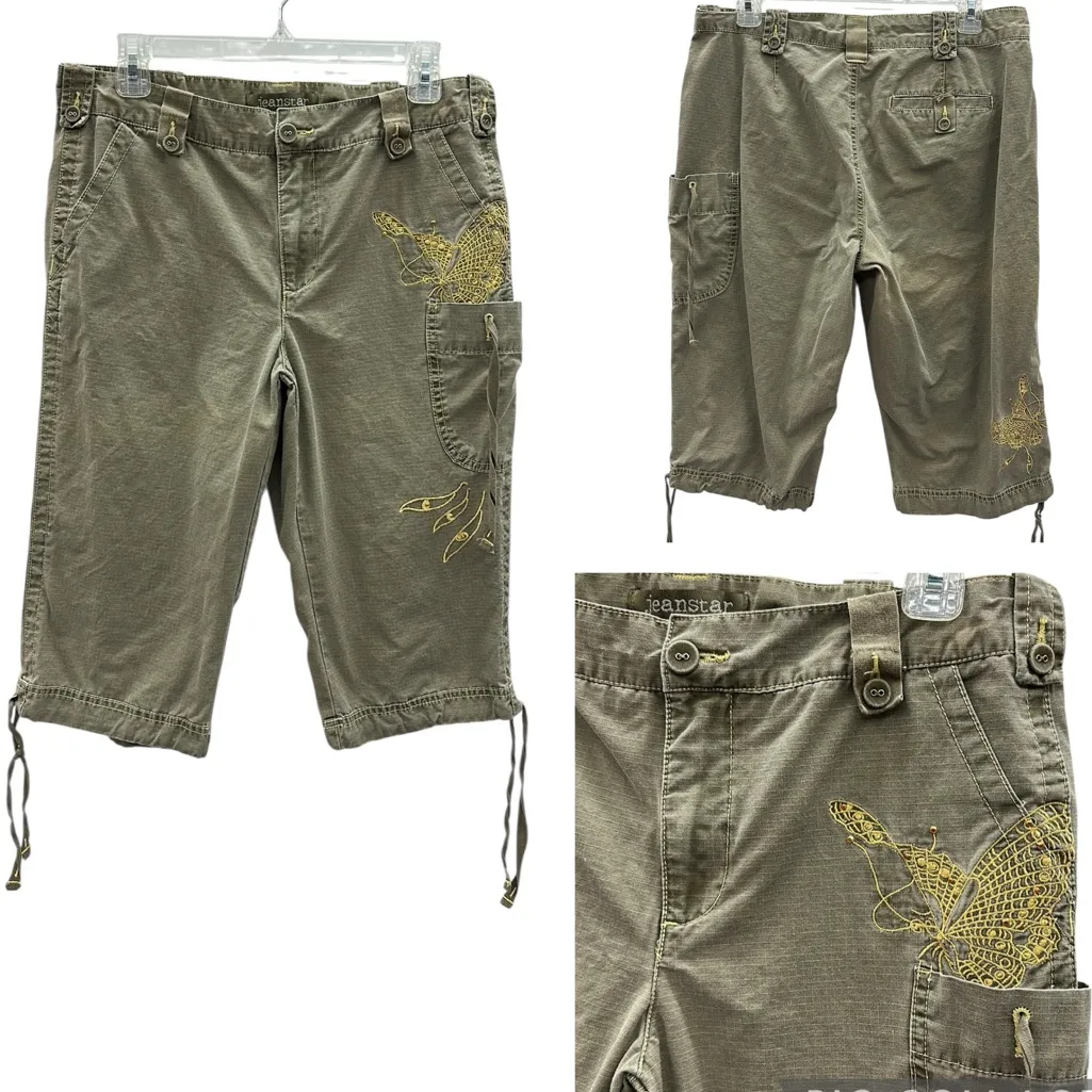Jeanstar Green Khaki Butterfly Embroidered Embellished Tie Leg Cargo Capri Sz 10 Tan - Image 2