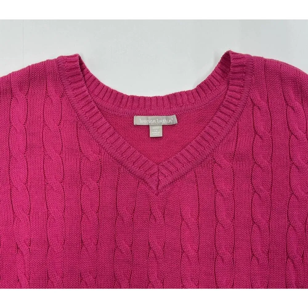 Woman Within Womens Sweater Size 3X Hot Pink Cable Knit Classic Essential - Image 3