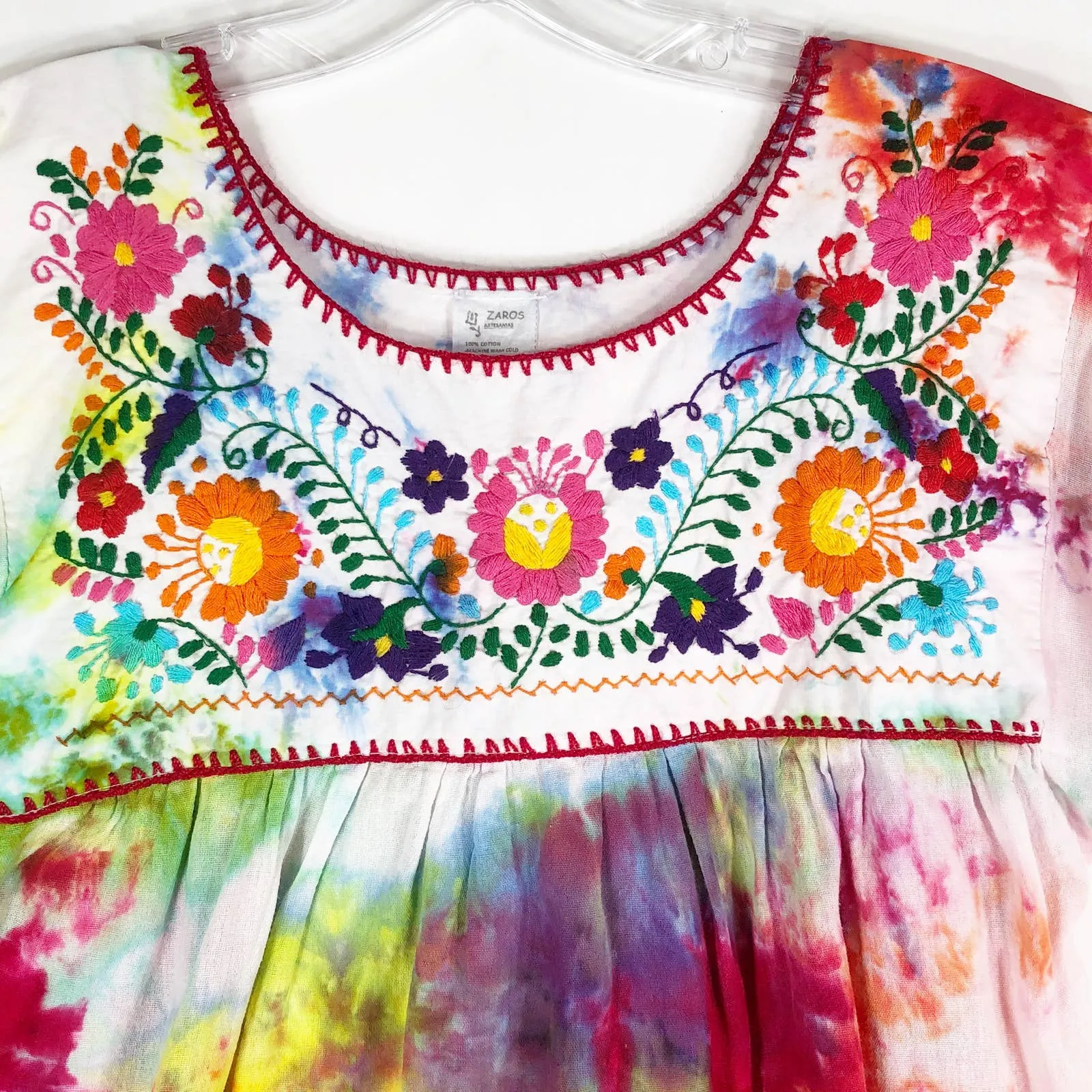 Zaros Medium Blouse Farm Flowers Tie Dye‎ Handmade Pink Orange Embroidered 391 - Image 3