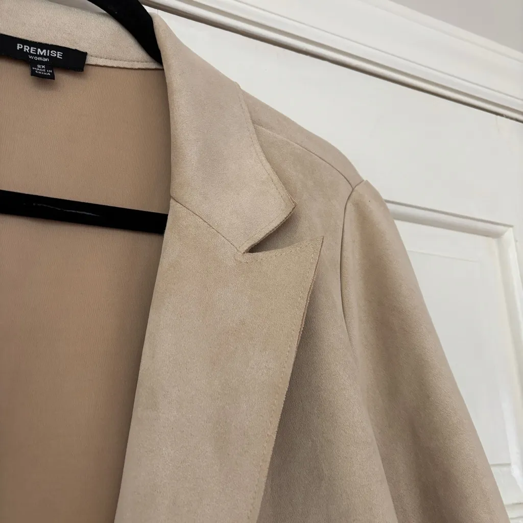 Premise Faux Suede Drape Open Front Long Line Jacket Cream Tan Plus Size 2X‎ - Image 10