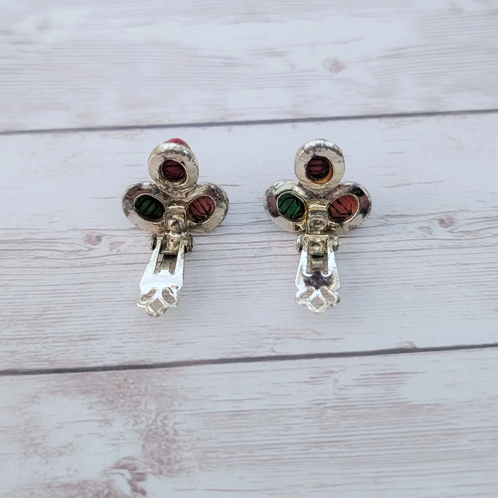 Vintage Clip On Earrings 1960s Etruscan Scarab Green Red Salmon Pink Lucite - Image 5