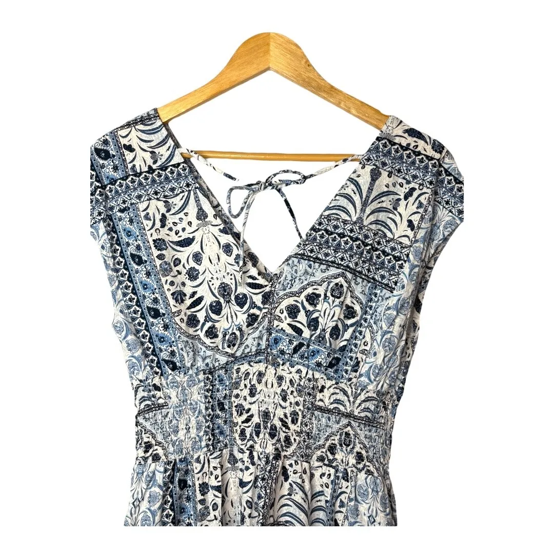 Old Navy Blue White Paisley V Neck Midi Dress‎ Smocked Waist Pockets Size Small - Image 7