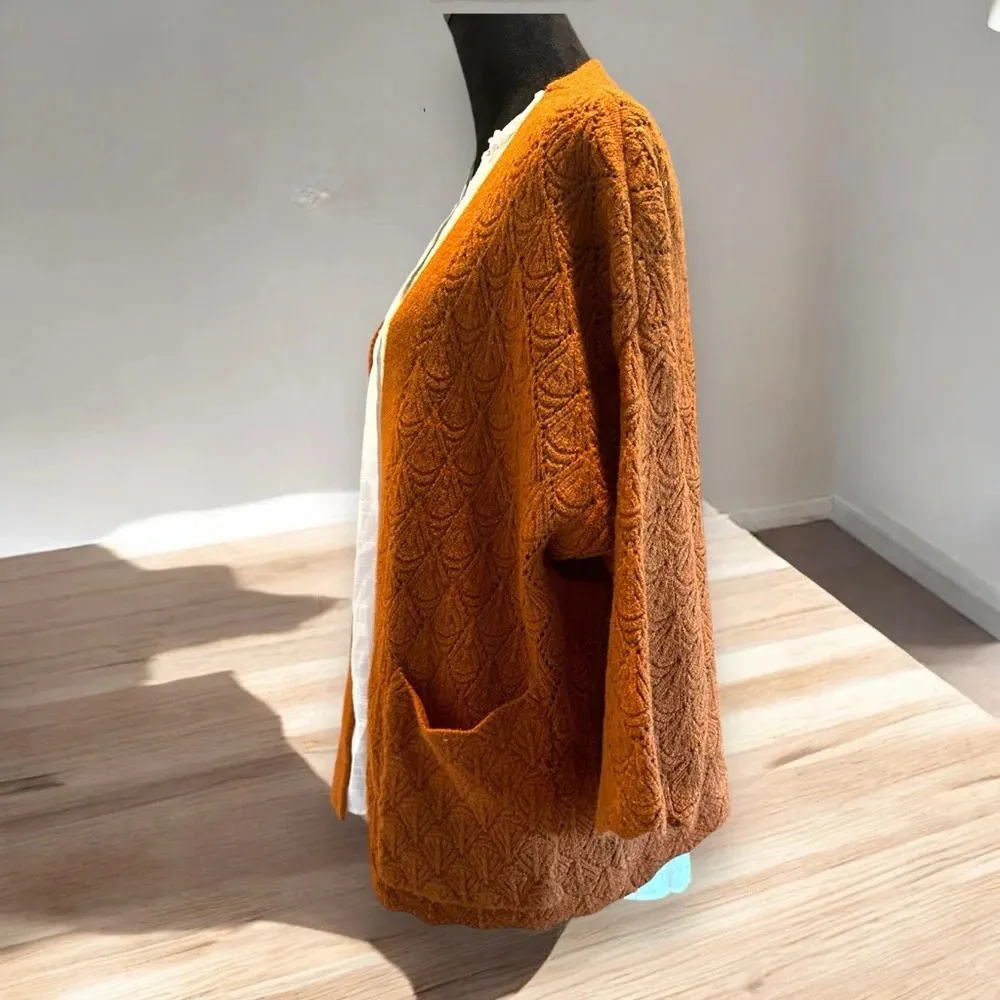 Coco + Carmen Open Front Cardigan Scallop Arm Hem 3/4 Sleeve S/M Rust Orange - Image 2