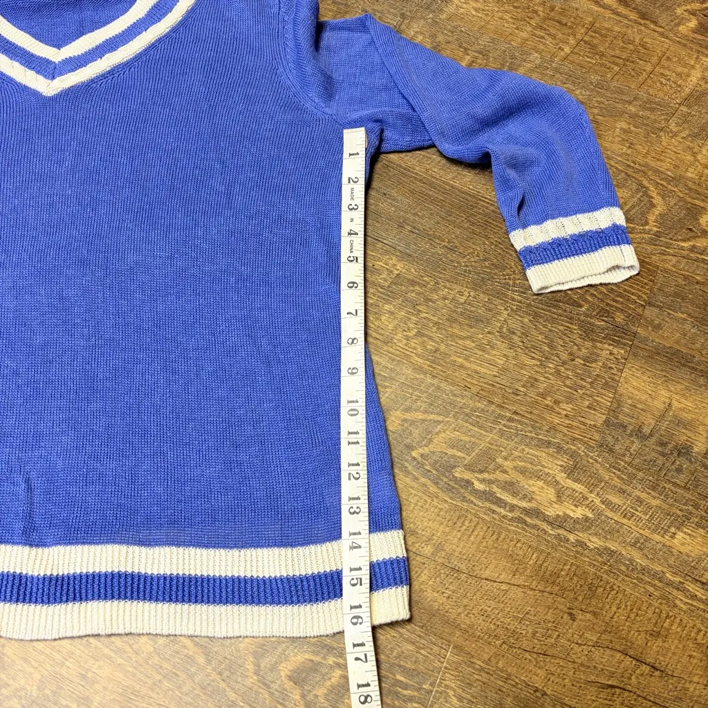 Talbots Plus V-neck Sweater 100% Linen Womens 1X Blue Tennis Preppy Cottagecore - Image 6