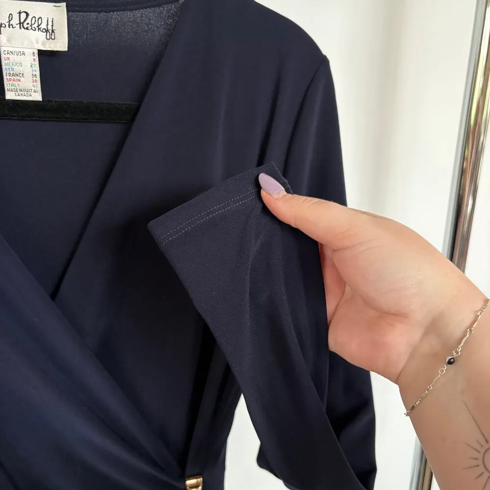 Joseph Ribkoff Navy Formal Cocktail Wrap Dress Quiet Luxury Designer Size 6 - Image 6