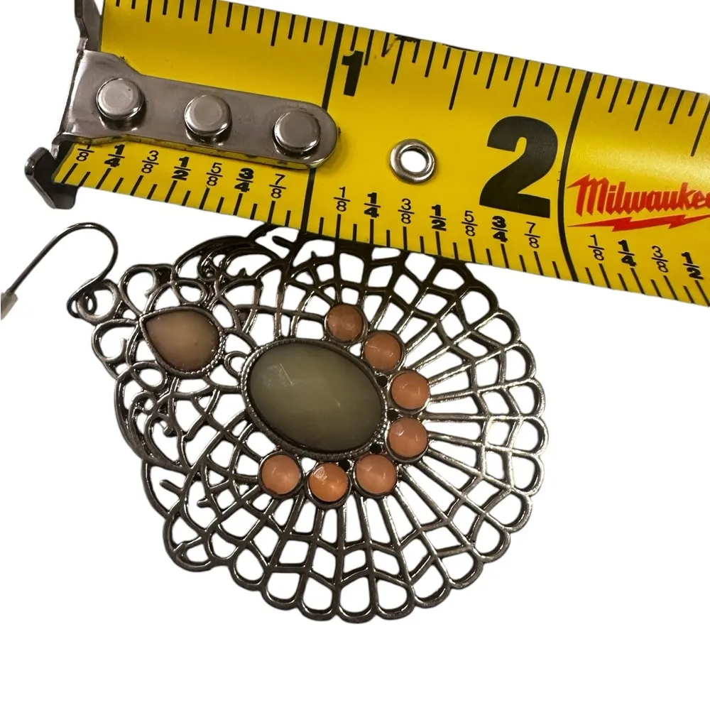 Filigree Look Silver Dangle Earrings Neutral Color Palate Y2K statement jewelry Orange - Image 7