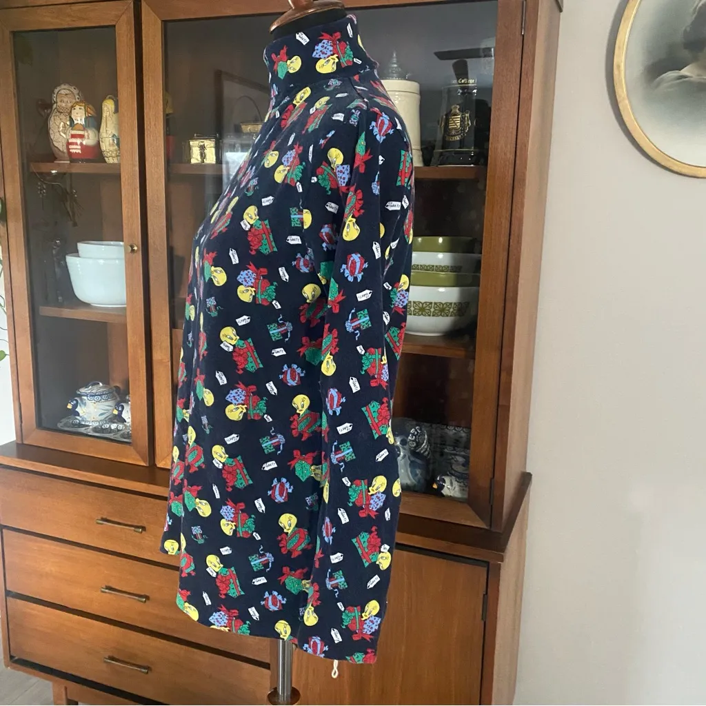 Vintage 90’s Looney Tunes Tweety Bird Christmas Present Turtle Neck Blue Size L - Image 3