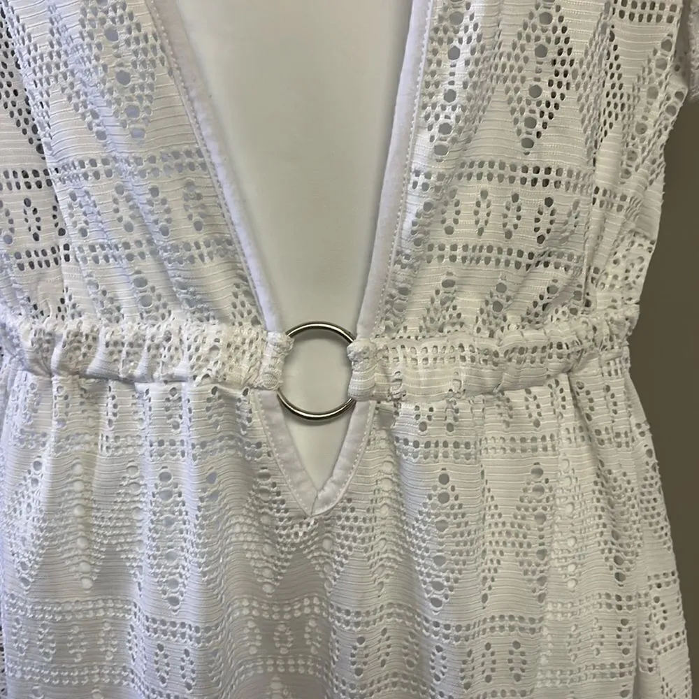 Tropical Escape White Eyelet Swim Plunging V-Neck Coverup w/Shirt Sleeves- 1X - Image 4