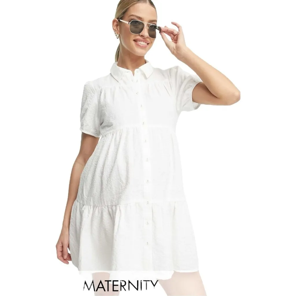 Cotton On Maternity White Tiered Button Down Shirt Dress Size Medium - Image 5