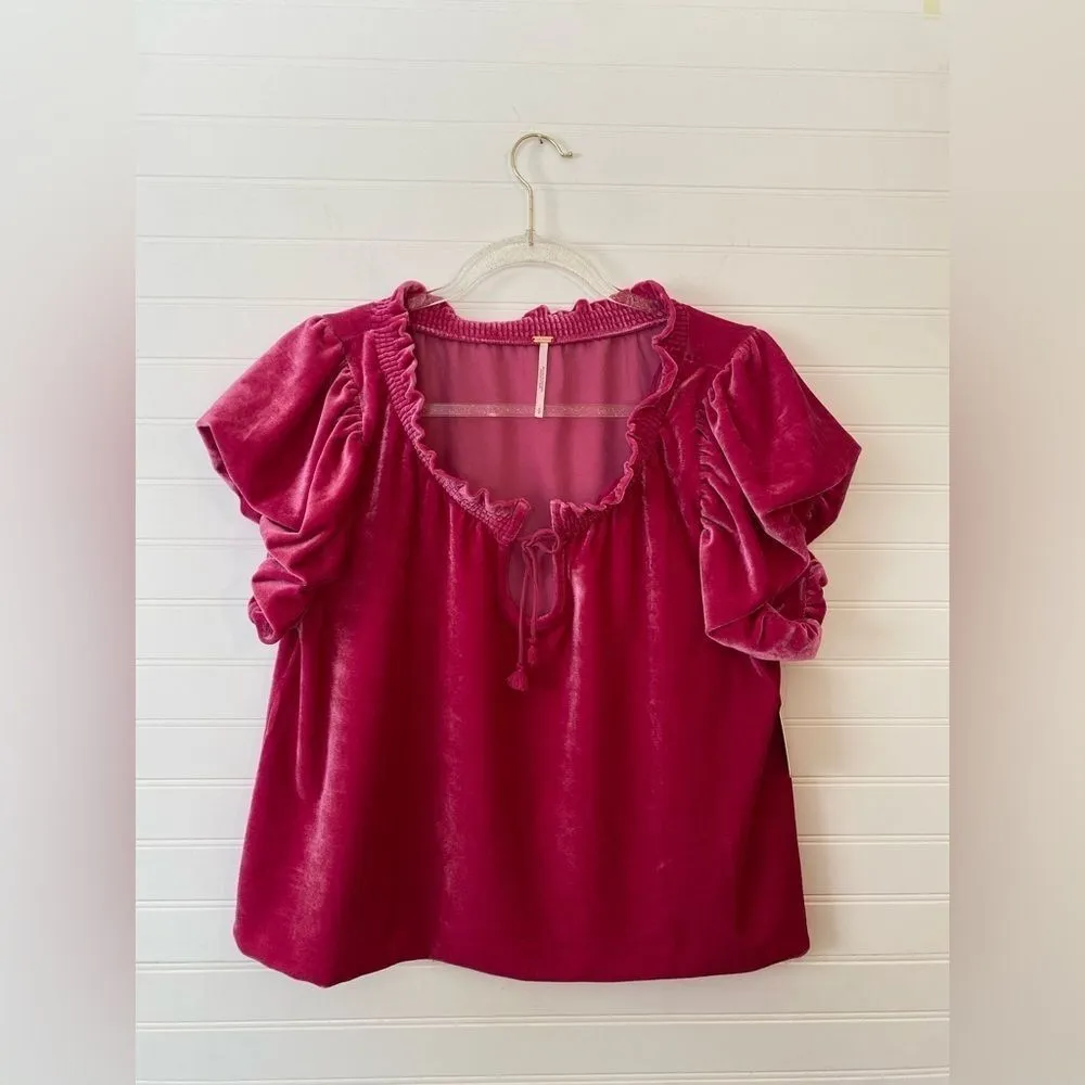 Free People Velvet Barbiecore Pink Puff Sleeve Terese Blouse - Image 2