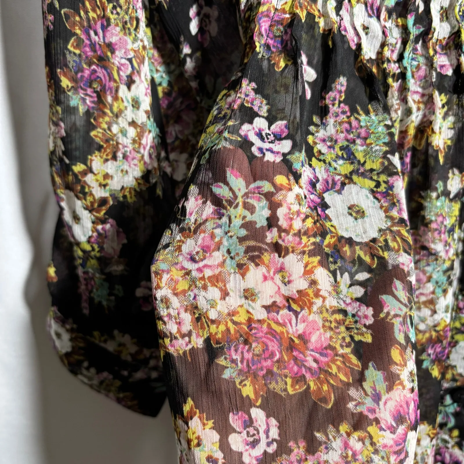 Whimsigoth Sheer Floral Black‎ Mini Dress Tunic Pleated Waist Tie V Neck Fairy S - Image 5