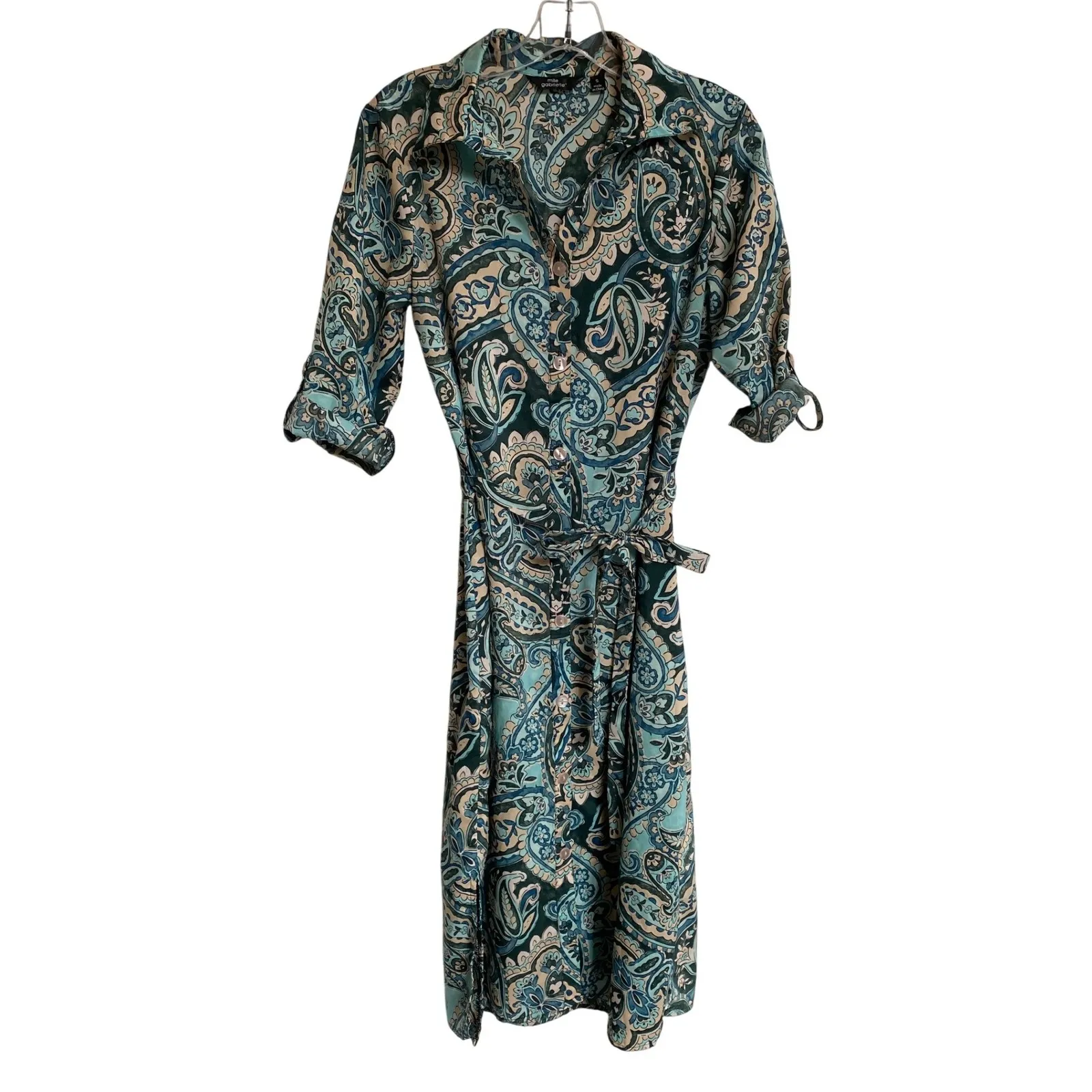 Mlle Gabrielle Paisley Aqua Teal/Tan Shirtdress W/ Tie Belt‎ - S EUC - Image 3
