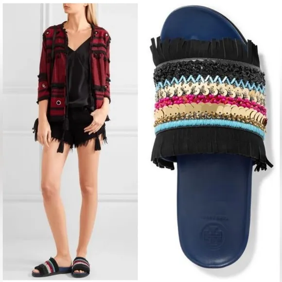 Tory Burch Isle Slide Slipon Sandal Navy Black Sequin Size 7.5 - Image 2
