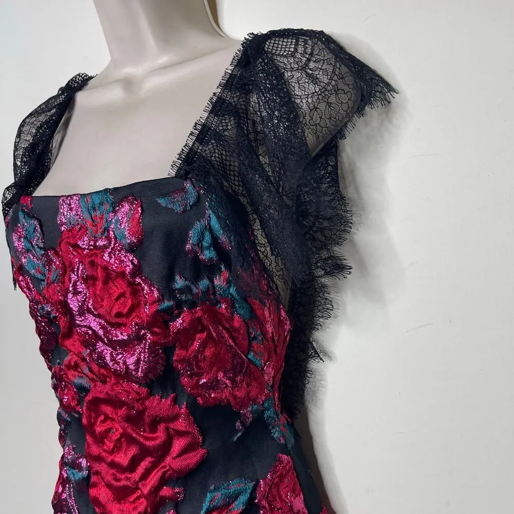 NWT Sandra Mansour jacquard pink roses mini black dress sz 34 US XS - Image 12