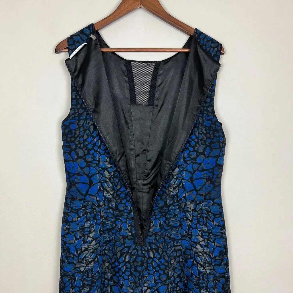 T Tahari Dress 12 Black‎ Blue Abstract Pattern Mesh V-Neck A-Line Fit N Flare - Image 8