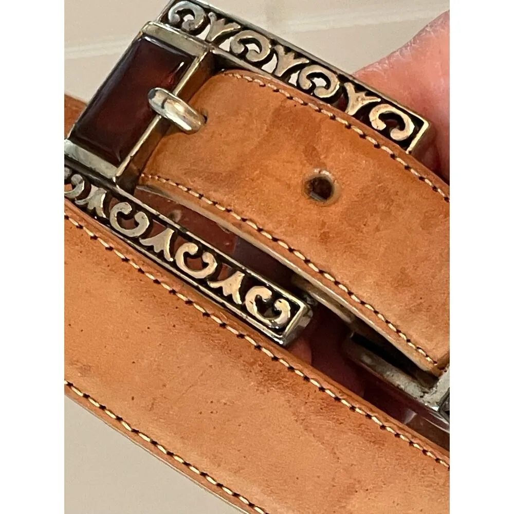 Brighton 90s Vintage Tan Leather Decorative Silver Buckle Belt S - Image 2