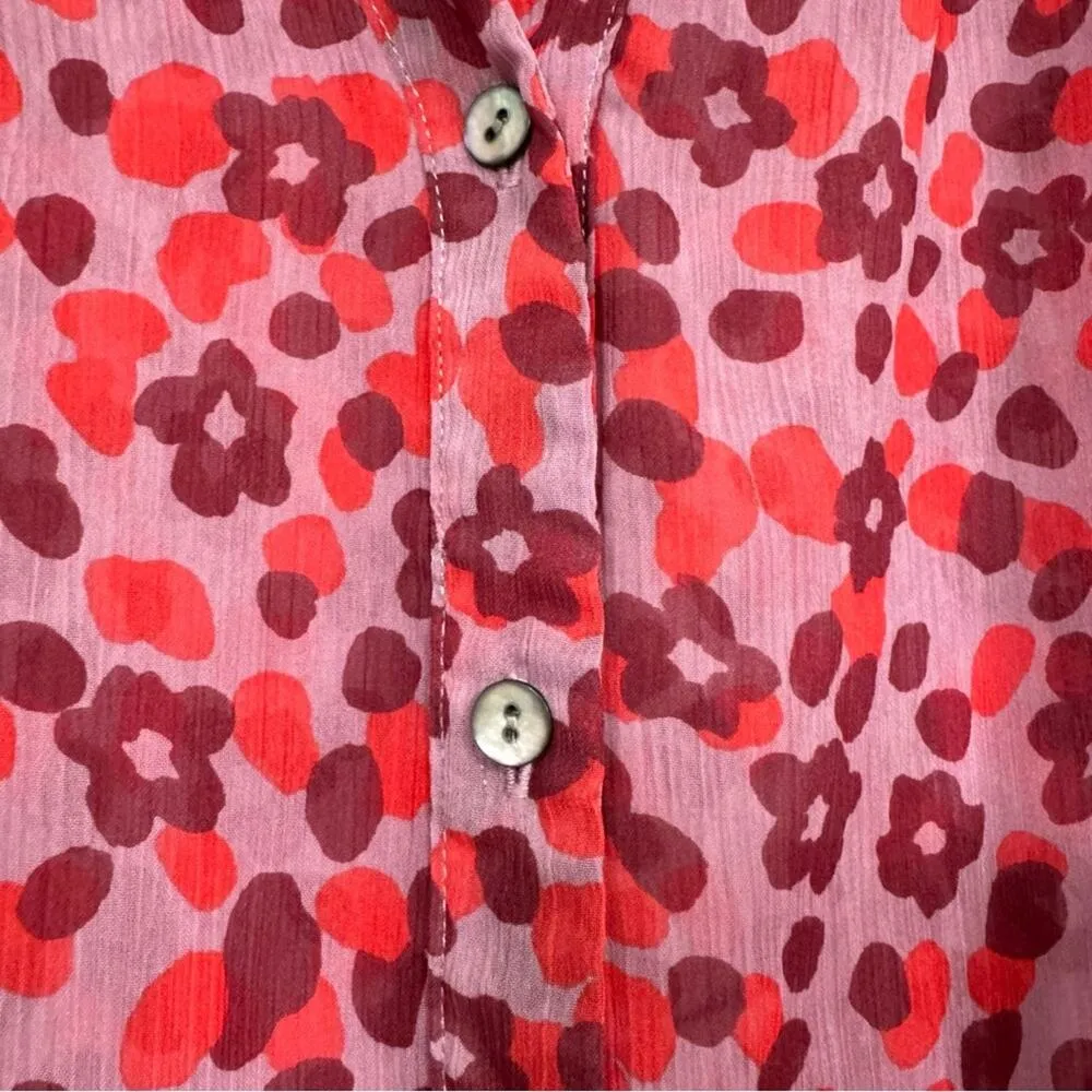 Logo Lori Goldstein Red Floral Sheer Button Down Shirt Women’s L Short Sleeve - Image 2