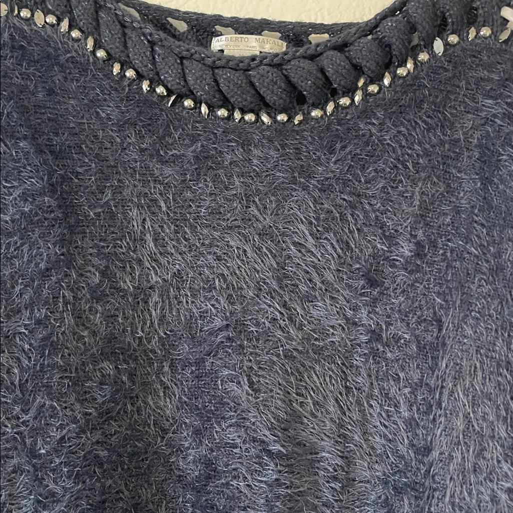 Alberto Makali Faux Fur Pullover Sweater Medium Dark Navy Rhinestones Size M - Image 3