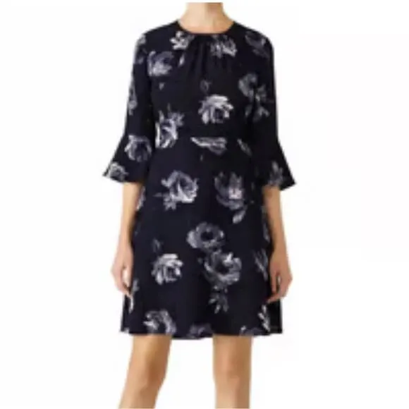 Kate Spade Night Rose Crepe Navy Floral Print Bell Sleeve Dress size 4 - Image 2