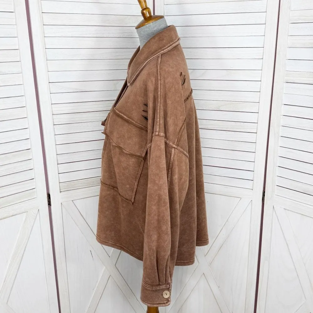 Oddy Distressed Jersey Knit Shacket Cropped Brown‎ Medium Large Brown - Image 2