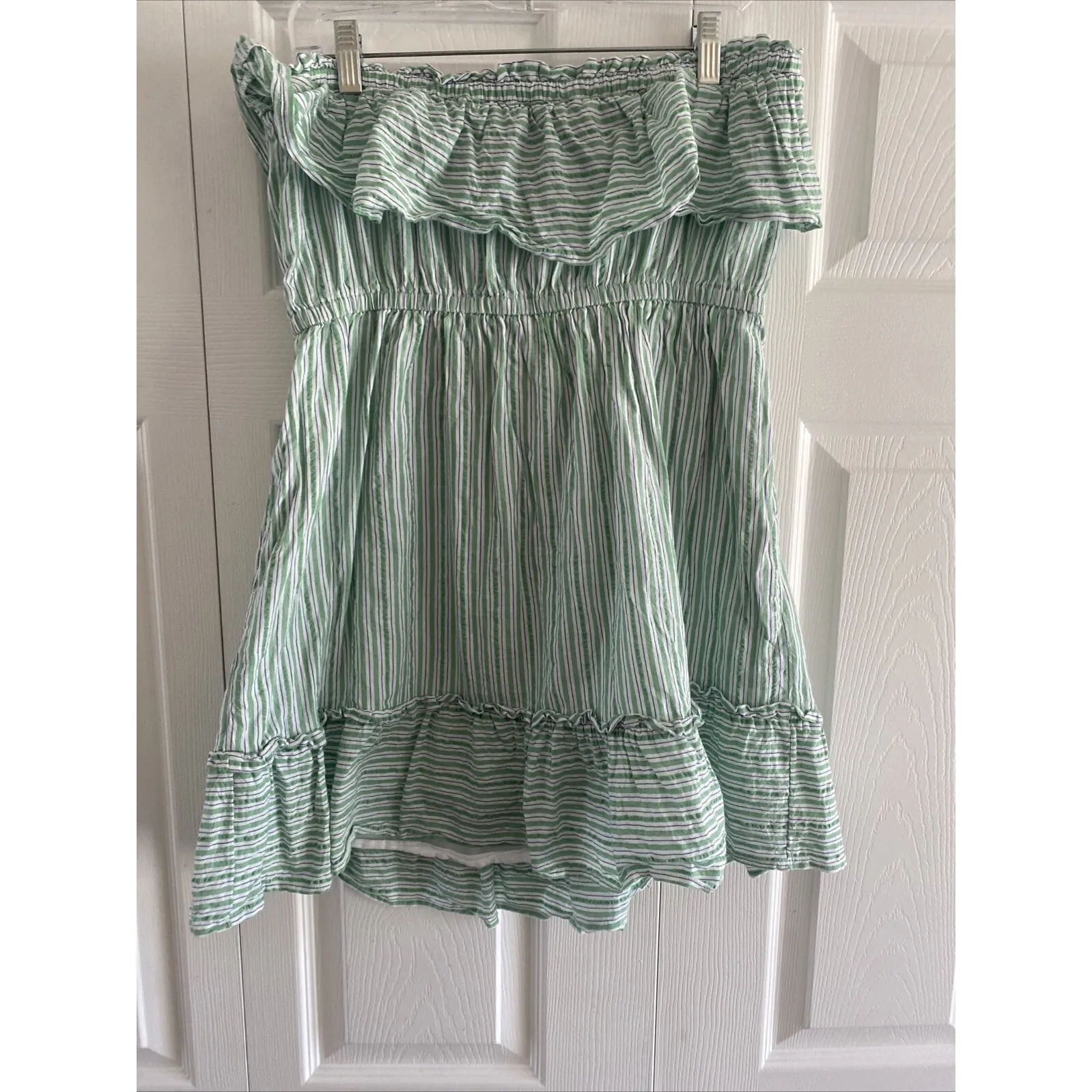 American Eagle Large Strapless Ruffle Green Stripe Mini Dress Euro Resort Coast - Image 6