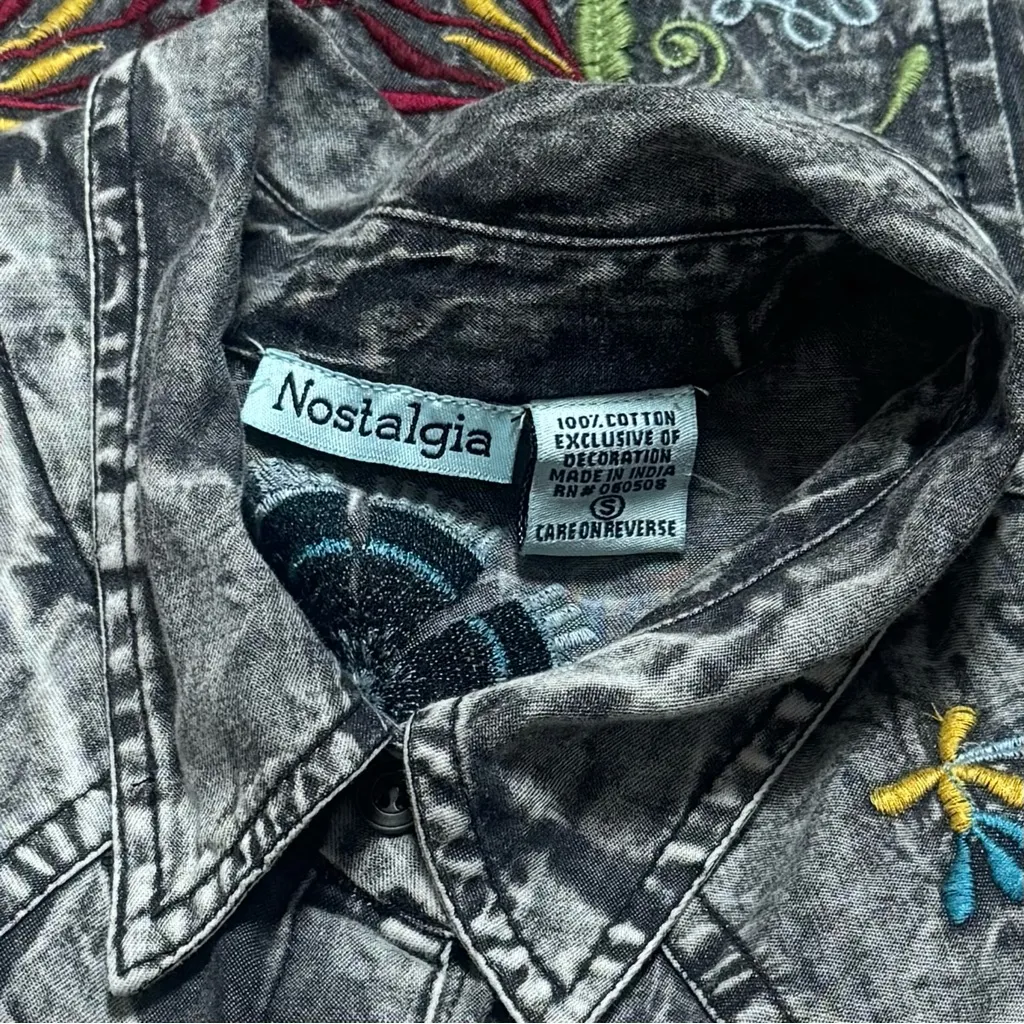Nostalgia Black Denim Tunic with Colorful Floral Embroidery Peasant Bohemian S Gray - Image 7