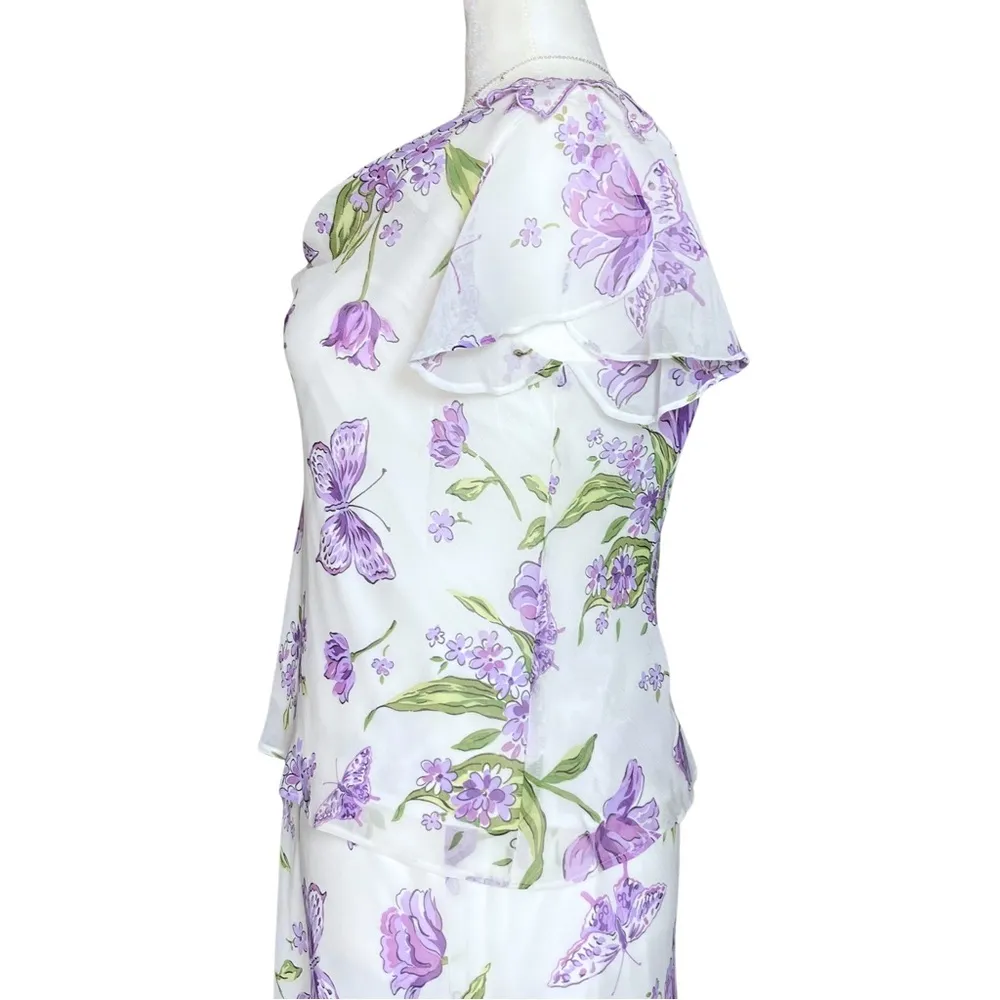 Vintage 90s Y2K White Purple Floral Butterfly Fairycore Top Large Easter Pastel - Image 3