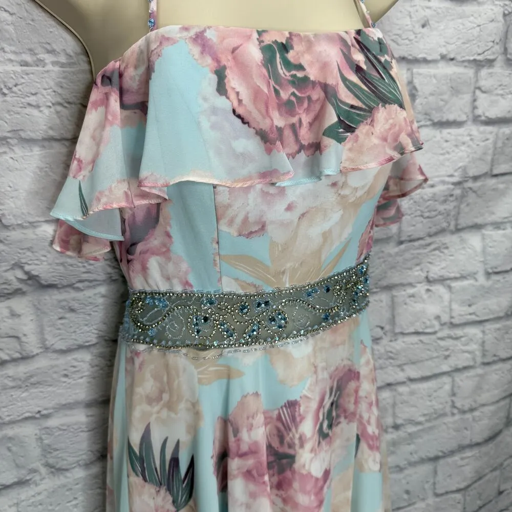 Morilee Prom Dress 99024 Gardner Size 6 Blue Floral Beaded Off Shoulder Ruffle - Image 5