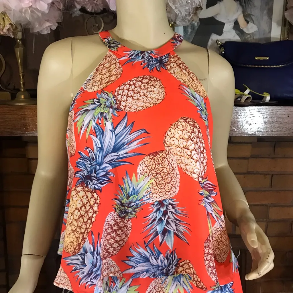 CRESCENT ORANGE & BLUE PINEAPPLE PRINT FLOWY SHORTS & TUNIC SET NWT (S) - Image 6